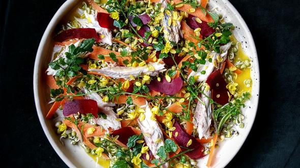 Hederman's smoked mackerel winter salad with sprouted mung beans and golden preserved lemon dressing