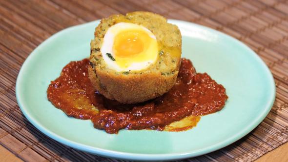 Smoked haddock scotch eggs and spicy smoked sun-dried tomato and nut c– Frank Hederman