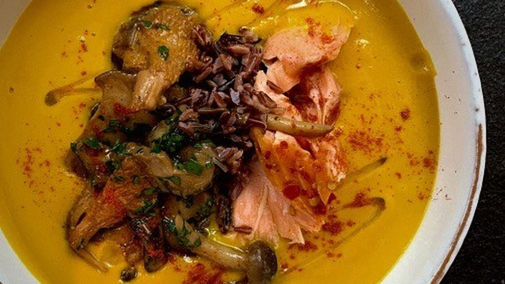 Carrot & aniseed soup with hederman smoked butter, miso mushrooms, red rice & hederman’s chilli smoked salmon