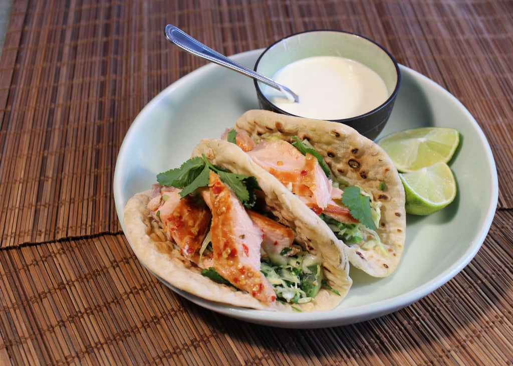 Hederman Hot Smoked Salmon Tacos, with Avocado, Slaw and Sour Cream.