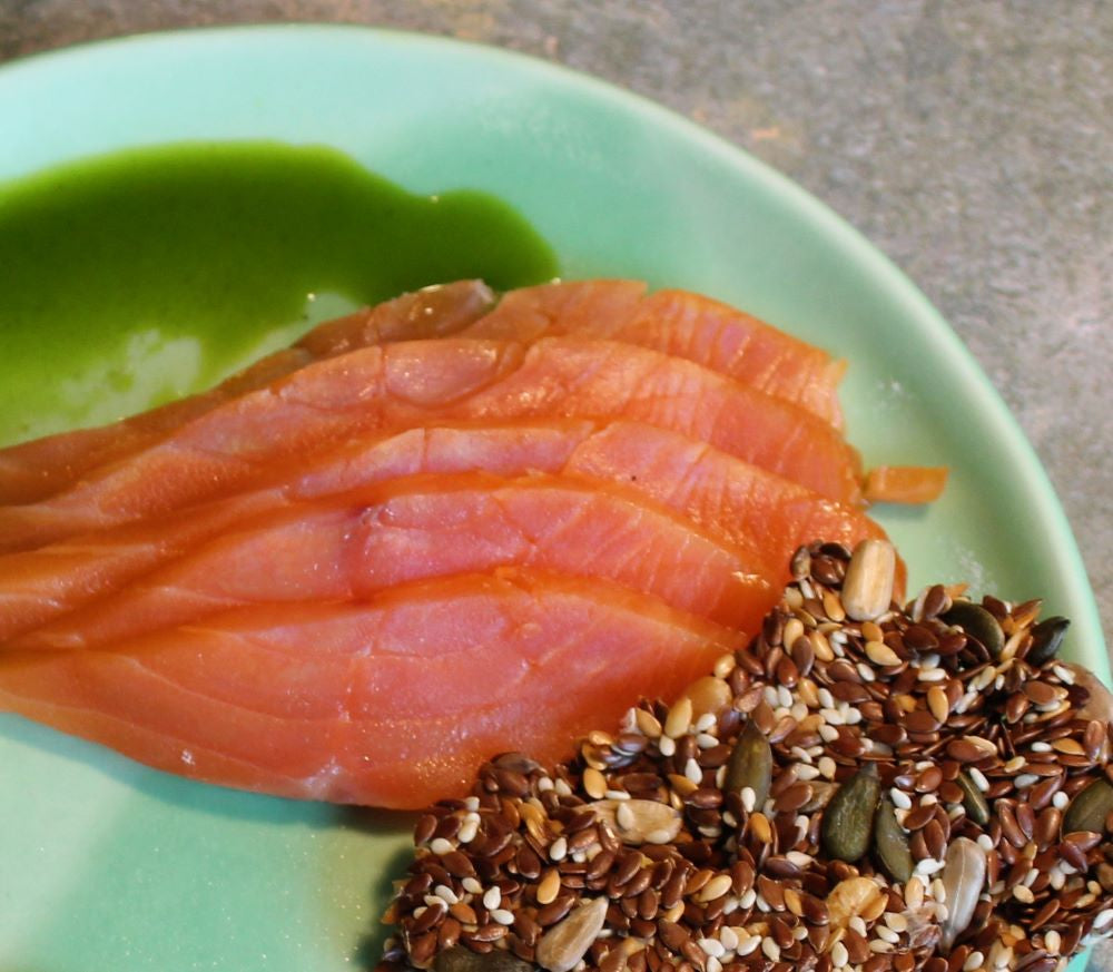 Hederman Smoked Salmon with Seeded Crackers, Creme Fraiche, Burnt Pickled Cucumber & Kaffir Lime Oil