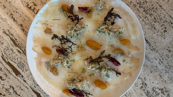 Herderman's smoked haddock carpaccio & Gillette's, pumpkin puree, must– Frank Hederman