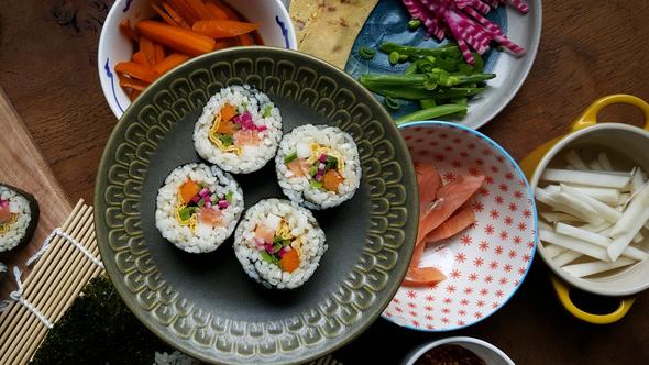 Hederman's smoked salmon kimbap with Hederman's smoked chilli omelette