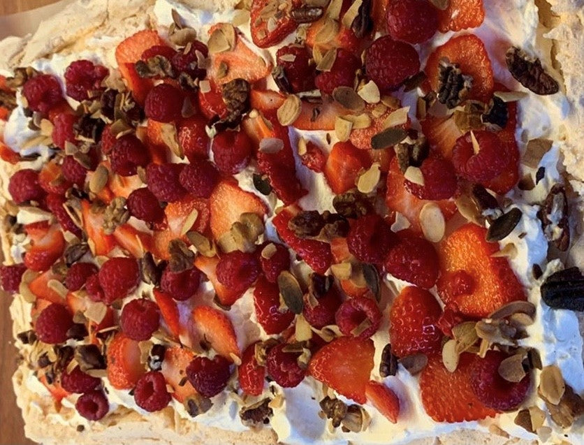 Berry Roulade with Smoked Pecans and Almonds.